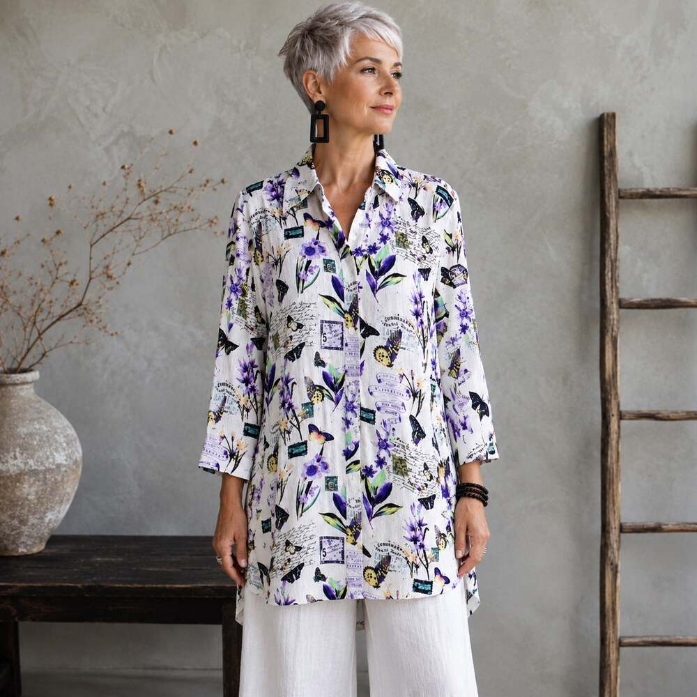 Chico's Linen Blend Butterfly Print Button Long Sleeve Top size 2